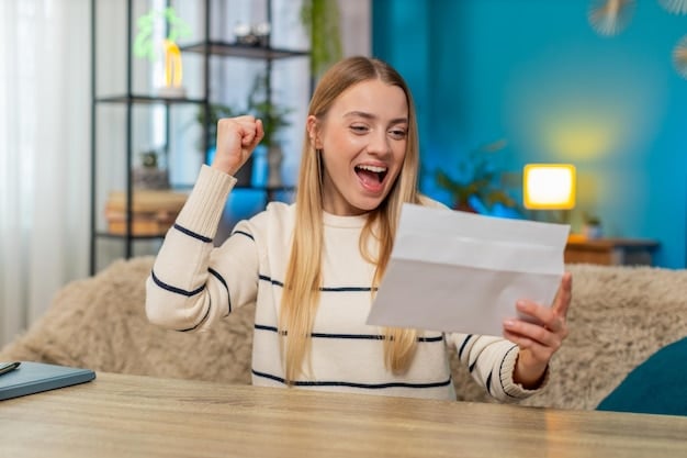 A student excitedly checking their financial aid offer letter on a laptop, with a visible notification indicating Pell Grant eligibility. The background shows a college campus with other students walking by.
