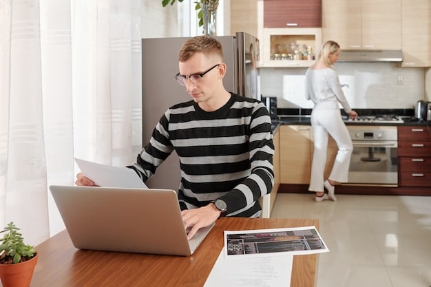 A person organizing receipts and financial documents in a folder, with a laptop displaying tax software in the background. The scene is set in a well-lit home office.