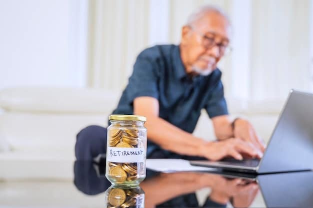 A person confidently putting money into a retirement savings jar while working at their desk, highlighting employer-sponsored retirement plans.