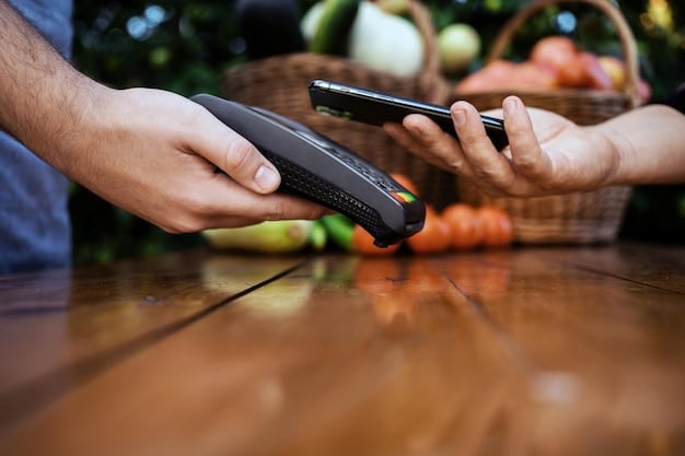 A close-up shot of an EBT card being used to pay for groceries at a supermarket checkout. The focus is on the card and the point-of-sale terminal, with blurred grocery items in the background.