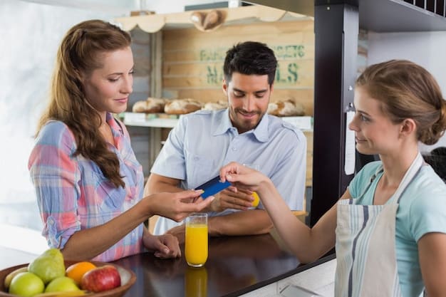 A family using an EBT card at a grocery store checkout, emphasizing the purchase of healthy food items.