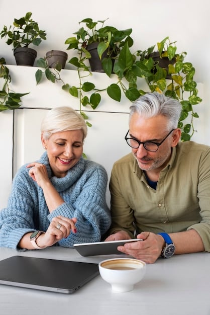 A serene couple reviewing retirement plans on a tablet, with symbols of financial growth and security subtly overlapping the scene. The setting is a bright, modern sunroom.