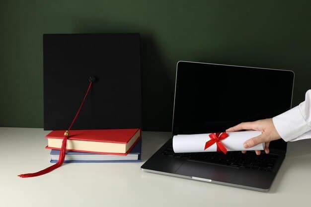 A person sitting at a desk, thoughtfully comparing a microcredential certificate and a traditional degree certificate, with a laptop displaying job postings in the background.