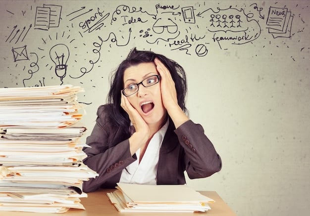 A teacher looking stressed and overwhelmed at her desk, surrounded by stacks of standardized test papers, with a worried expression on her face.